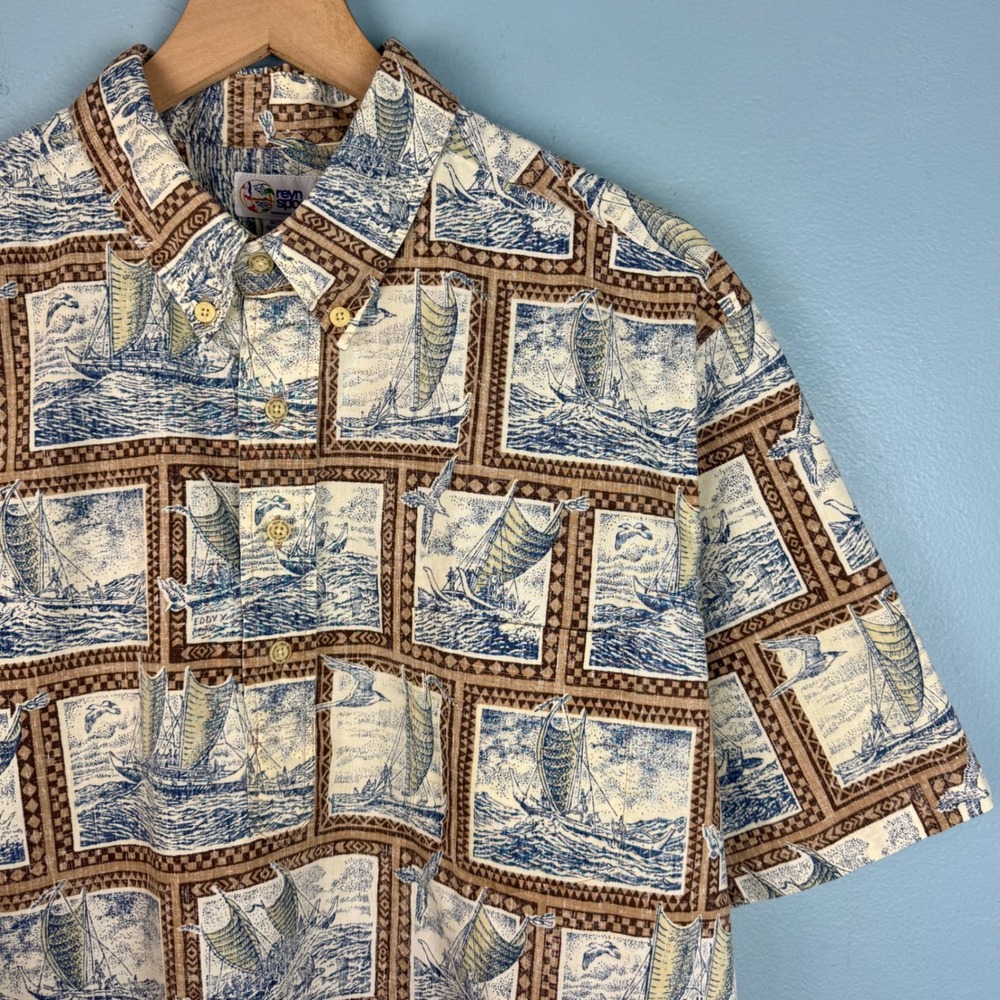 Reyn Spooner Eddy Y Mens XL Cotton Sailing Ship Hawaiian Aloha Button Shirt FLAW